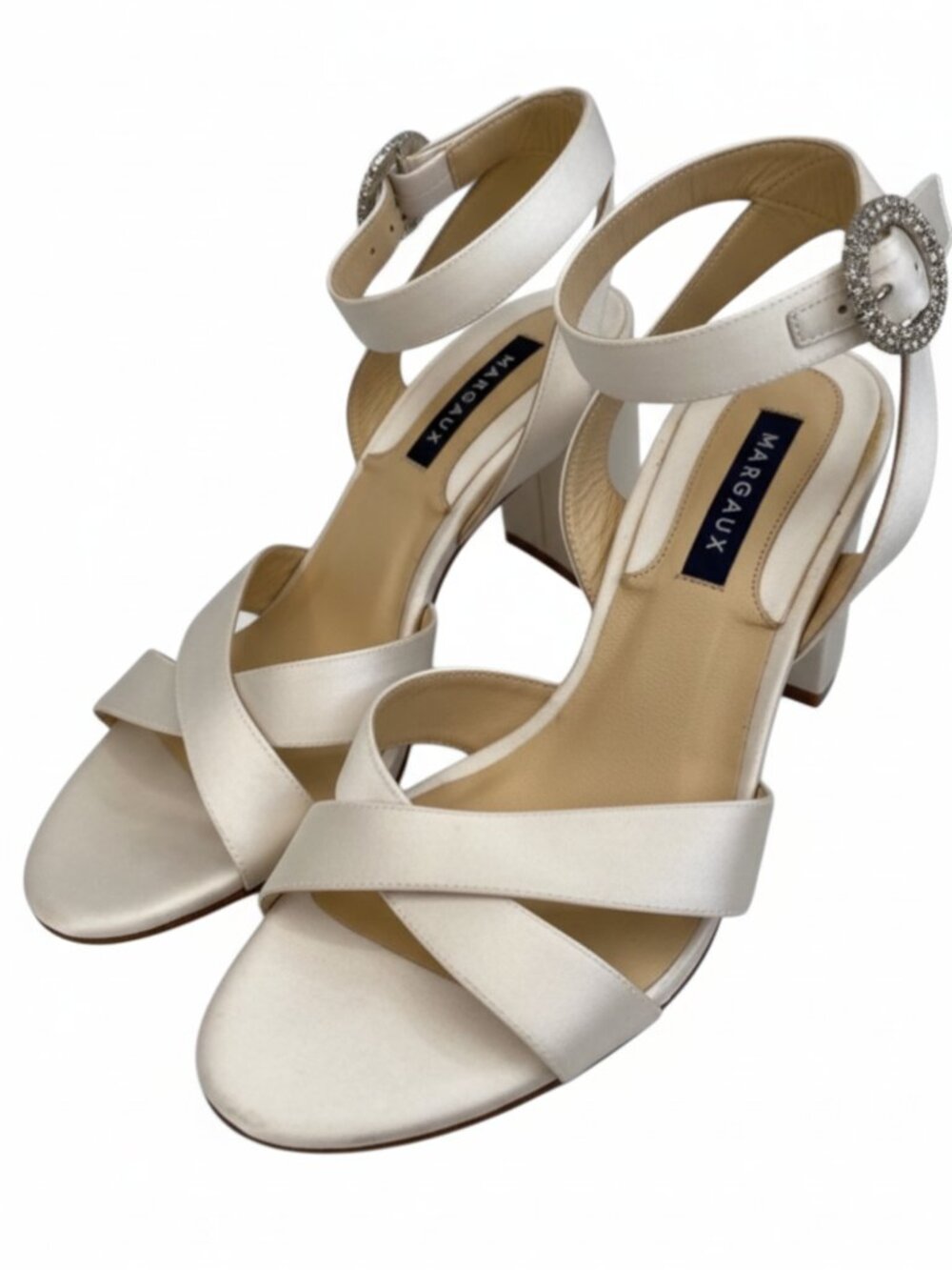NEW MARGAUX The Uptown 36 Bridal Sandals Women US6 Satin Ivory Crystal Buckle